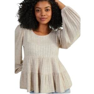 Altar'd State Women’s Beige Rayon-Blend Tiered Long Sleeve Blouse Size Large